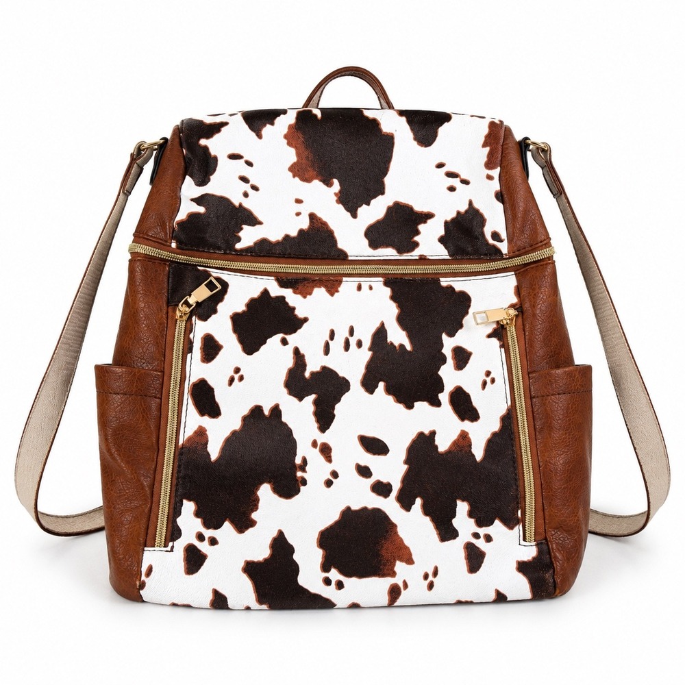 Vintage Y2K Cow Print Boho Western Brown White Faux Leather School Back Pack - Picture 1 of 13